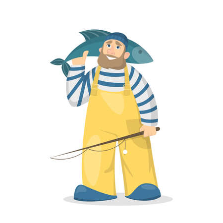 Fisher people. Isolated man fishing with big cod on white.のイラスト素材