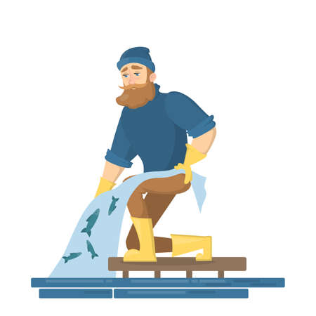 Fisher people. Isolated man fishing with net on white.のイラスト素材