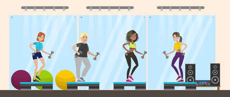 Gym rooms interior on white. People doing fitness in group.のイラスト素材