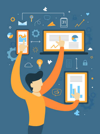 System building illustration. Man with many hands icon,のイラスト素材