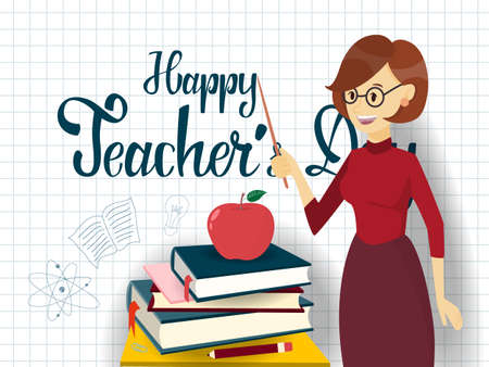 Teachers day set with apple, books and female teacher icons.のイラスト素材