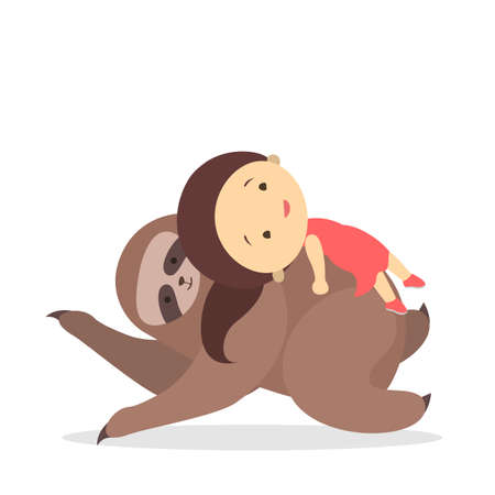 Cute babies playing with sloth on white background.のイラスト素材