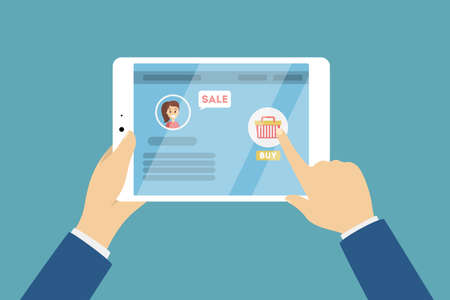 Online shopping sale using tablet. Hands holding device.