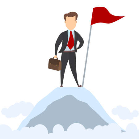 Successful businessman on mountain with flag on white.のイラスト素材