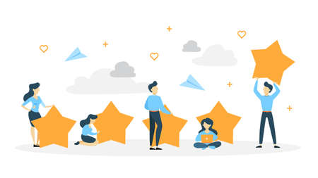 Positive feedback concept. People giving a 5 star for a best product. Rating feedback on the website. Idea of good experience and satisfaction. Flat vector illustrationのイラスト素材