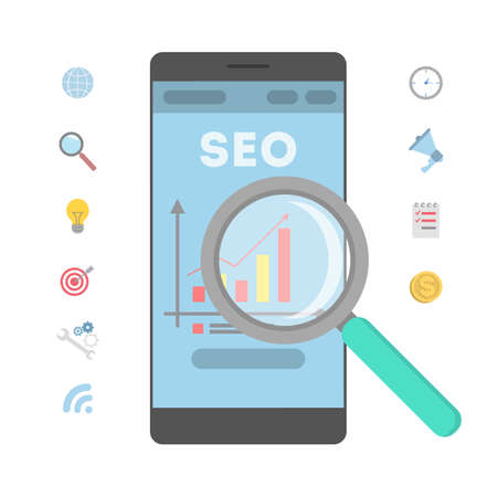 Search engine optimization concept. Doing market research and making website analysis to get data for SEO. Flat vector illustrationのイラスト素材