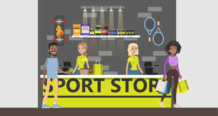 Sports store cash register. Happy client buying equipment. Sport nutrition on the shelves. Isolated vector flat illustrationのイラスト素材