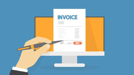 Invoice concept. Hand signs a document. Financial document containing bill. Payment terms. Flat vector illustrationのイラスト素材
