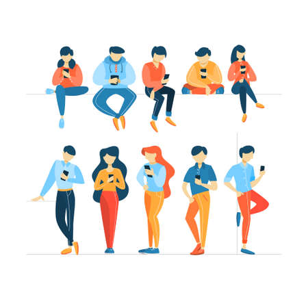 Set of people using mobile phones. Teens communicate with friends through social networks using smartphones. Internet addiction. Isolated flat vector illustrationのイラスト素材