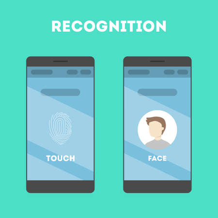 Smartphone with a face recognition and fingerprint scanner. Mobile app for biometric identification. Idea of modern technology and progress. Flat vector illustrationの写真素材