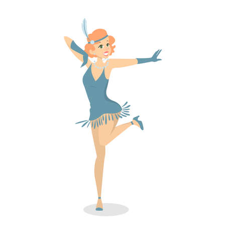 Beautiful female burlesque dancer. Pretty woman dancing in blue costume with a feather in her head. Having fun at the party. Isolated vector illustration in cartoon styleのイラスト素材