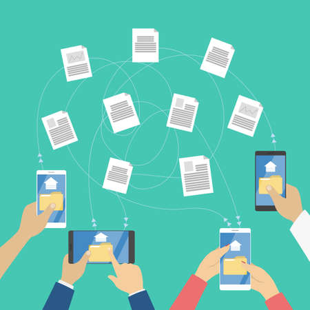 File transfer between the digital devices. Copy files, exchange data and document transfer through internet. Modern technology concept. Flat vector illustrationのイラスト素材
