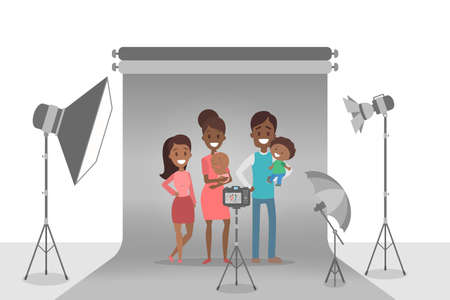 Happy african american family making photoshoot on the grey background. Parents and children standing together. Various equipment such as softbox and camera. Isolated flat vector illustrationのイラスト素材