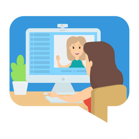 Video chat between two young girls. Communication via internet. Online conversation. Isolated vector illustration