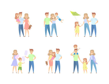 Set of family leisure with various situations. Girl and boy having fun with mom and dad. Isolated flat vector illustrationのイラスト素材