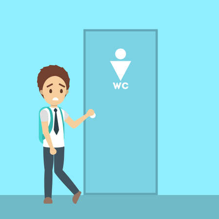 Stressed man wants to pee. Guy with a full bladder standing at the closed WC door. Flat vector illustrationのイラスト素材