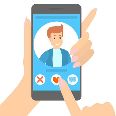 Dating app on the phone. Online communication and connection. Sending heart to a handsome man and asking for a date. Searching for romantic relationship. Isolated flat vector illustrationのイラスト素材