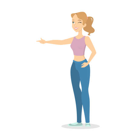 Young smiling female character standing in the pink t-shirt and blue jeans, winking and pointing at something with her hand. Front view of a woman. Isolated vector illustration in cartoon styleのイラスト素材