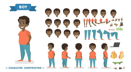 Cute african american boy character in orange t-shirt and blue pants set for animation with various views, hairstyles, face emotions, poses and gestures. Isolated vector illustration in cartoon styleのイラスト素材