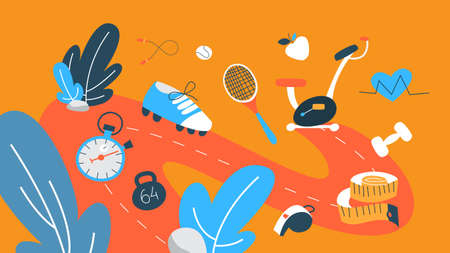 Fitness concept illustration. Workout in the gym. Healthy and active lifestyle. Time for fitness. Set of colourful icons. Flat vector illustrationのイラスト素材