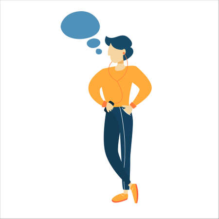 Man talking on the mobile phone using headphones. Phone conversation with friends or business discussion. Social communication. Isolated flat vector illustrationのイラスト素材