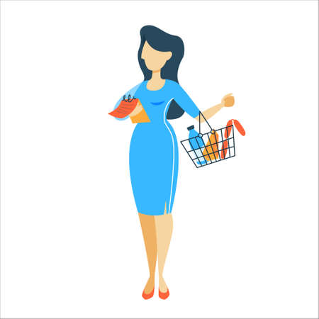 Woman in supermarket with shopping cart byuing fruits, vegetables and other food. Checking list of food. Isolated flat vector illustrationのイラスト素材