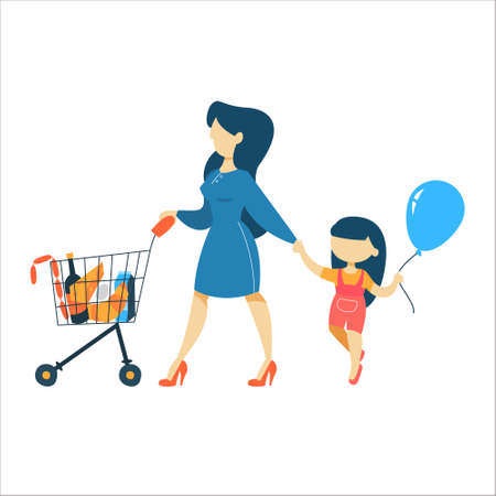 Woman in supermarket with shopping cart byuing fruits, vegetables and other food. Family in the grocery store. Little girl jumping with baloon. Isolated flat vector illustrationのイラスト素材