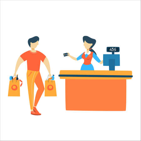 Man in supermarket with shopping carts byuing fruits, bread and other food. Shopping in the grocery store. Guy standing at the cashier and paying for food. Isolated flat vector illustrationのイラスト素材