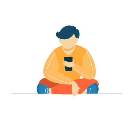 Boy chatting on the mobile phone. Teen communicate with friends through social networks using smartphone. Internet addiction. Isolated flat vector illustrationのイラスト素材