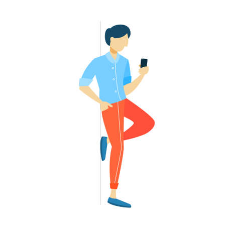 Boy chatting on the mobile phone. Teen communicate with friends through social networks using smartphone. Internet addiction. Isolated flat vector illustrationのイラスト素材