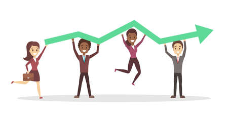 Group of business people holding a green rising arrow. Idea of teamwork and financial growth. Isolated flat vector illustrationのイラスト素材