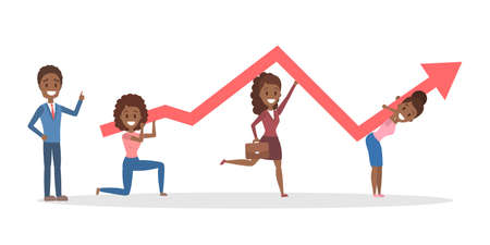 Group of african american business people holding a red rising arrow. Idea of teamwork and financial growth. Isolated flat vector illustrationのイラスト素材