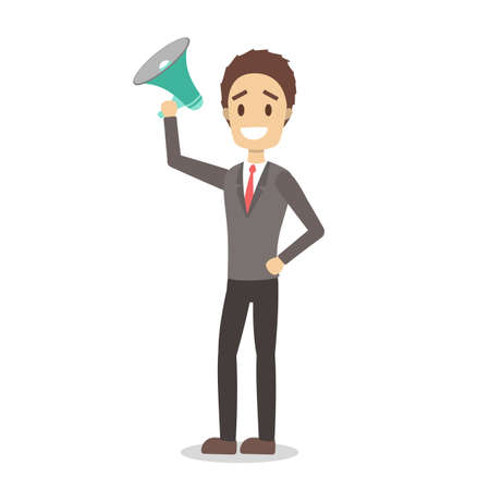 Male promoter in business clothes standing with megaphone. Shouting through the loudspeaker. Isolated vector illustration in cartoon styleのイラスト素材