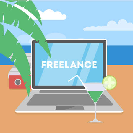 Freelance concept. Working remotely on the laptop computer through the internet. Working while travelling. Summer vacation on the ocean beach. Vector flat illustrationのイラスト素材