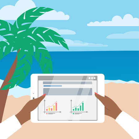 Freelance concept. Working remotely on the tablet computer through the internet. Working while travelling. Summer vacation on the ocean beach. Vector flat illustrationのイラスト素材