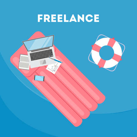Freelance concept. Working remotely on the laptop computer through the internet. Working while travelling. Summer vacation in the swimming pool. Vector flat illustrationのイラスト素材