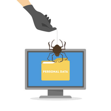 Hacker set. Thief attack computer and steal personal data. Digital security concept. Isolated vector flat illustrationのイラスト素材