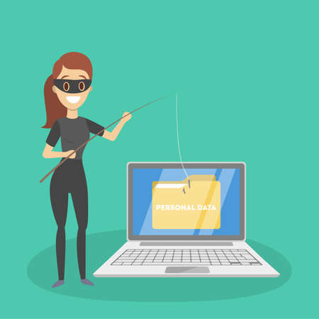 Hacker set. Female hief attack computer and steal personal data. Digital security concept. Isolated vector flat illustrationのイラスト素材