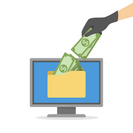 Hacker set. Thief attack computer and steal money. Digital security concept. Isolated vector flat illustrationのイラスト素材