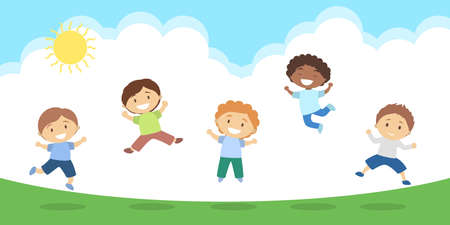 Cute little kids jumping in the grass. Group of happy boys having fun. Summer landscape. Isolated flat vector illustrationのイラスト素材