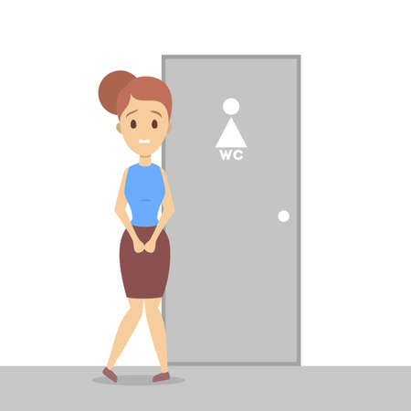 Stressed woman wants to pee. Girl with a full bladder standing at the closed WC door. Flat vector illustrationのイラスト素材
