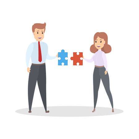 Teamwork concept. Businessman and business woman pull puzzle pieces towards each other. Idea of partnership and support. Isolated flat vector illustrationのイラスト素材