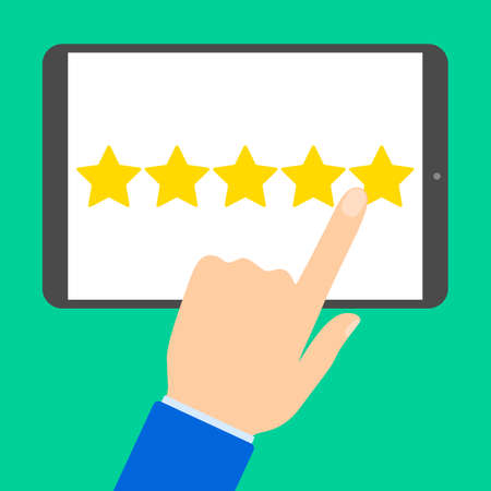 Positive feedback concept. Giving a 5 star for a best product. Rating feedback on the website. Idea of good experience and satisfaction. Flat vector illustrationのイラスト素材