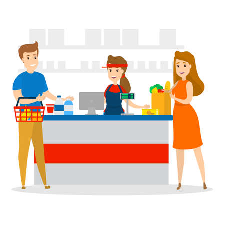 People in the grocery store stand at the cashier and pay for the food using credit card. Smiling sales woman at the counter. Isolated flat vector illustrationのイラスト素材