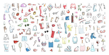 Woman stuff big icon set. Beauty and makeup stickers. Girl clothes, perfume. cosmetics and accessories. Glamorous lifestyle. Isolated vector illustrationのイラスト素材