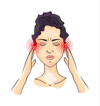 Woman suffering from a great headache. Painful migraine. Girl with closed eyes touching her head. Isolated vector illustrationのイラスト素材