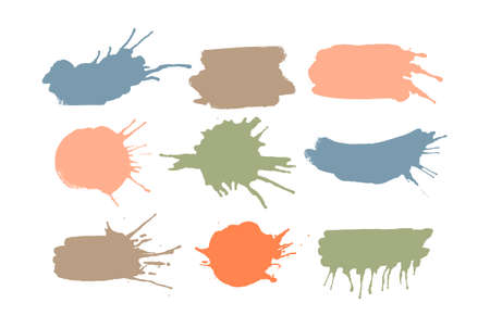 Set of colorful ink splashes and drops made with brush. Blobs and spatters. Collection of elements for design and decoration. Isolated vector illustrationのイラスト素材