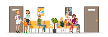 Waiting room in children hospital. Mothers and their kids waiting in queue for medical consultation. Clinic interior. Isolated vector flat illustrationのイラスト素材