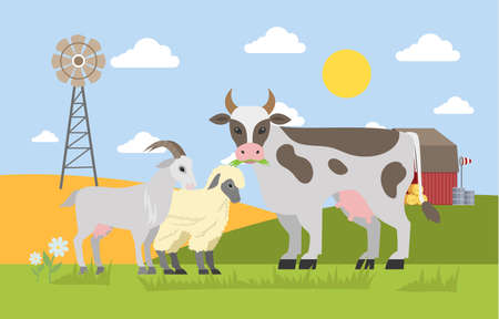Farm animals graze on the field. Farm landscape with windmill. Cute goat, sheep and cow chewing grass. Vector flat illustrationのイラスト素材