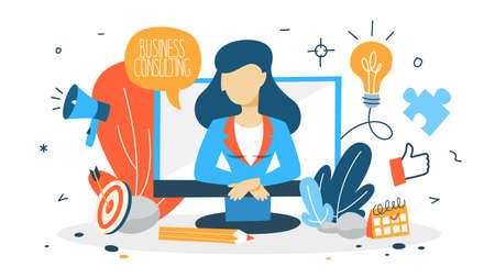 Business consulting concept. Idea of strategy management. Consult clients with business problems and provide them with useful information. Isolated flat vector illustrationのイラスト素材